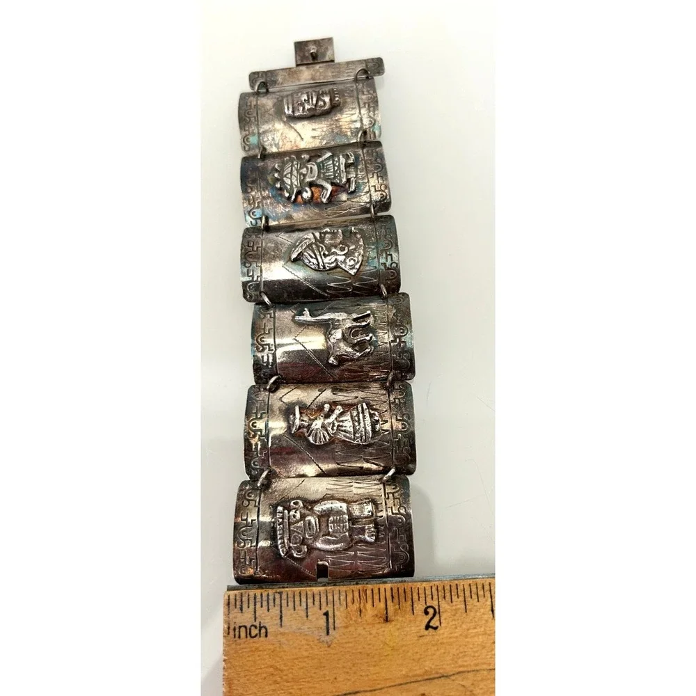 Vintage Peruvian Sterling Silver Panel Storyteller Bracelet 925 Signed AS 69g